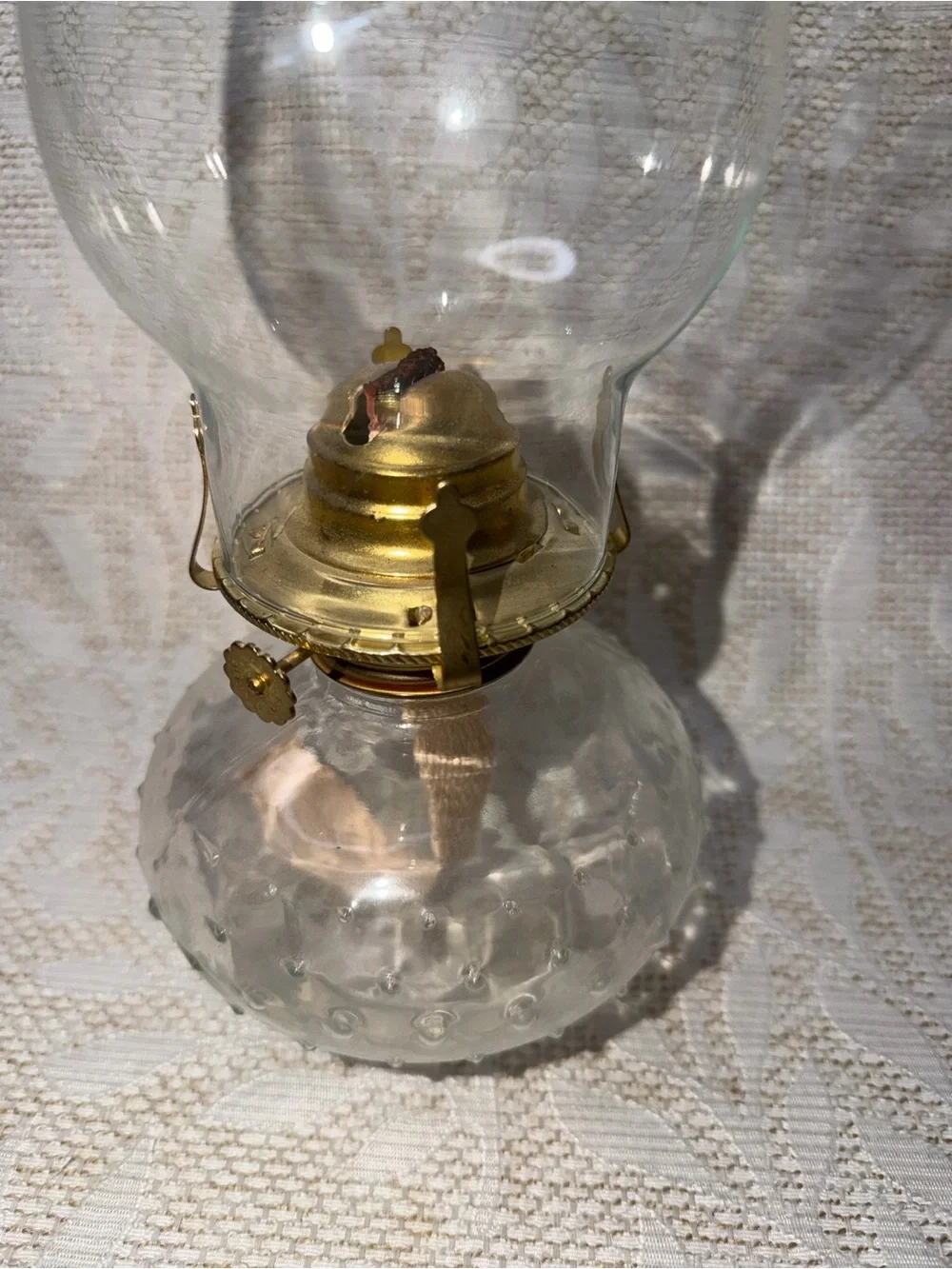 Vintage Clear Glass Hurricane Lamp with Brass Accents